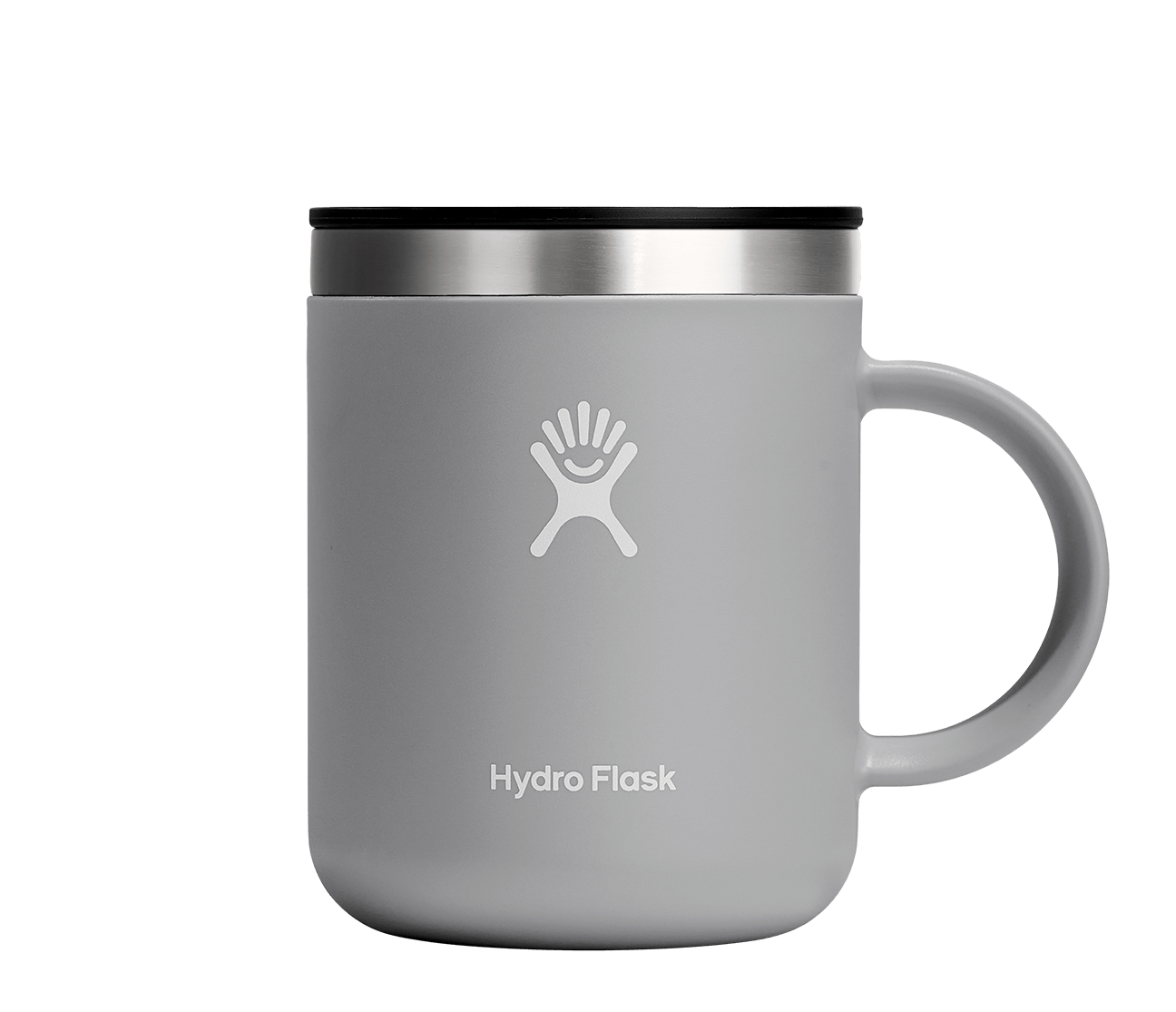 Hydro Flask insulated mug in gray with spill-stopping lid, designed for hot drinks and a comfortable grip. BPA-free stainless steel.