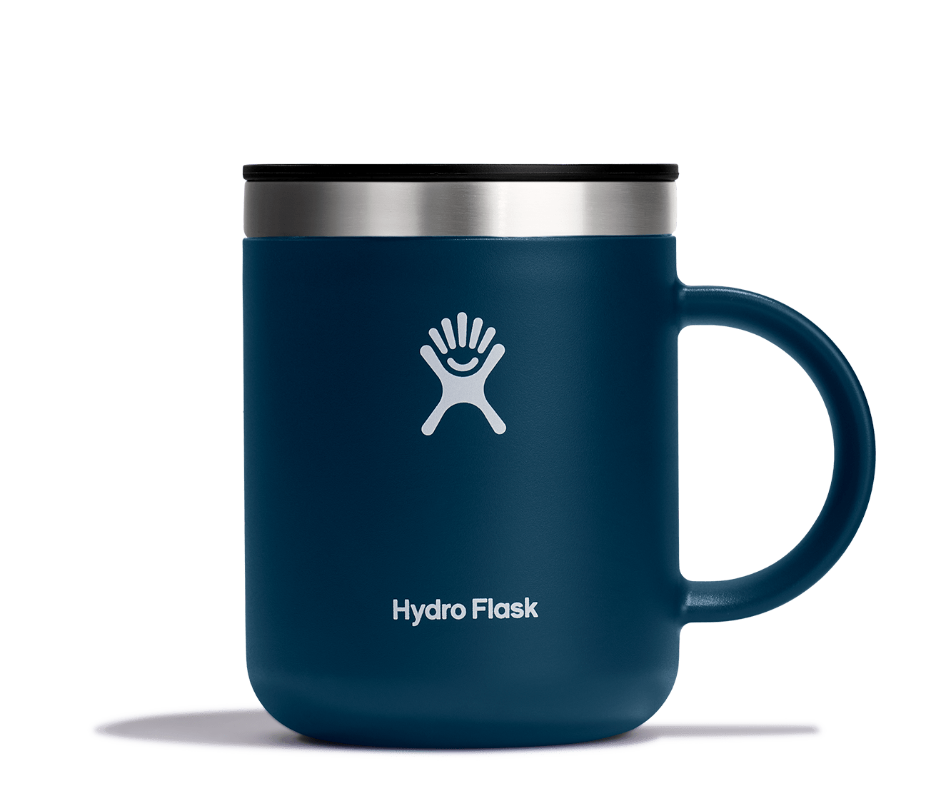 Hydro Flask Insulated Mug in navy blue, featuring a stainless steel lid and comfortable handle for hot beverages on the go.