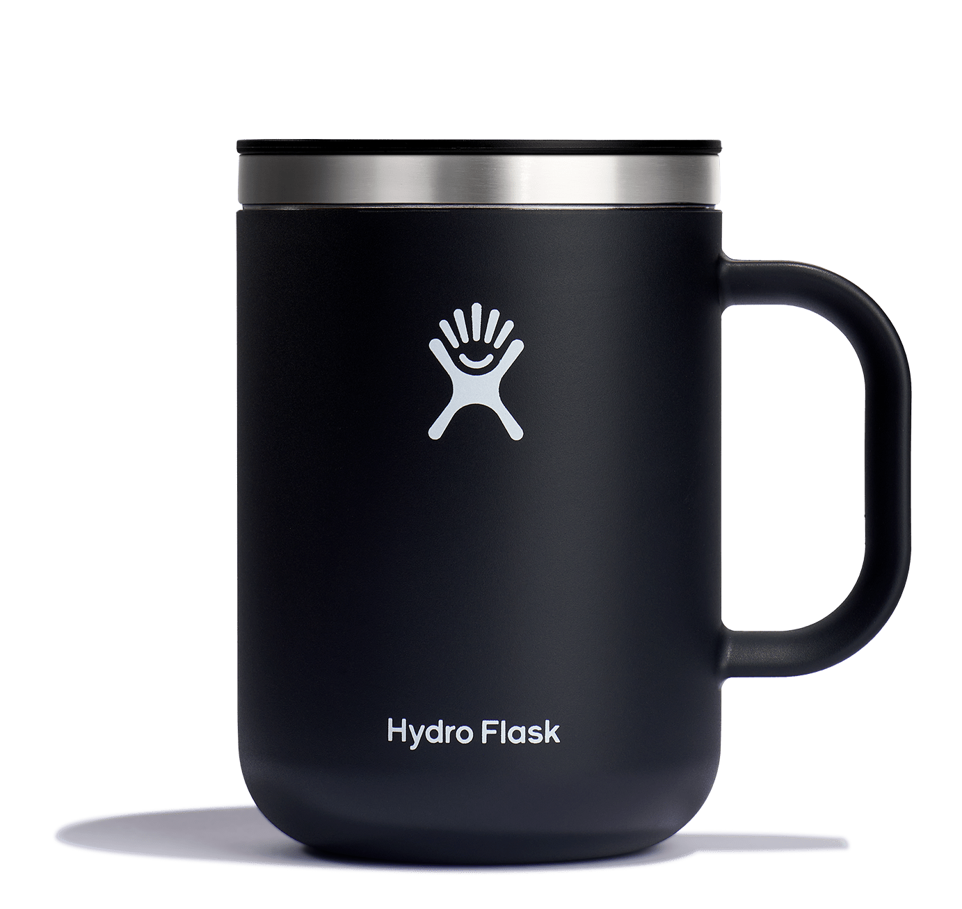 Hydro Flask Insulated Mug in sleek black with stainless steel lid, designed to keep drinks hot for hours. Perfect for coffee lovers.