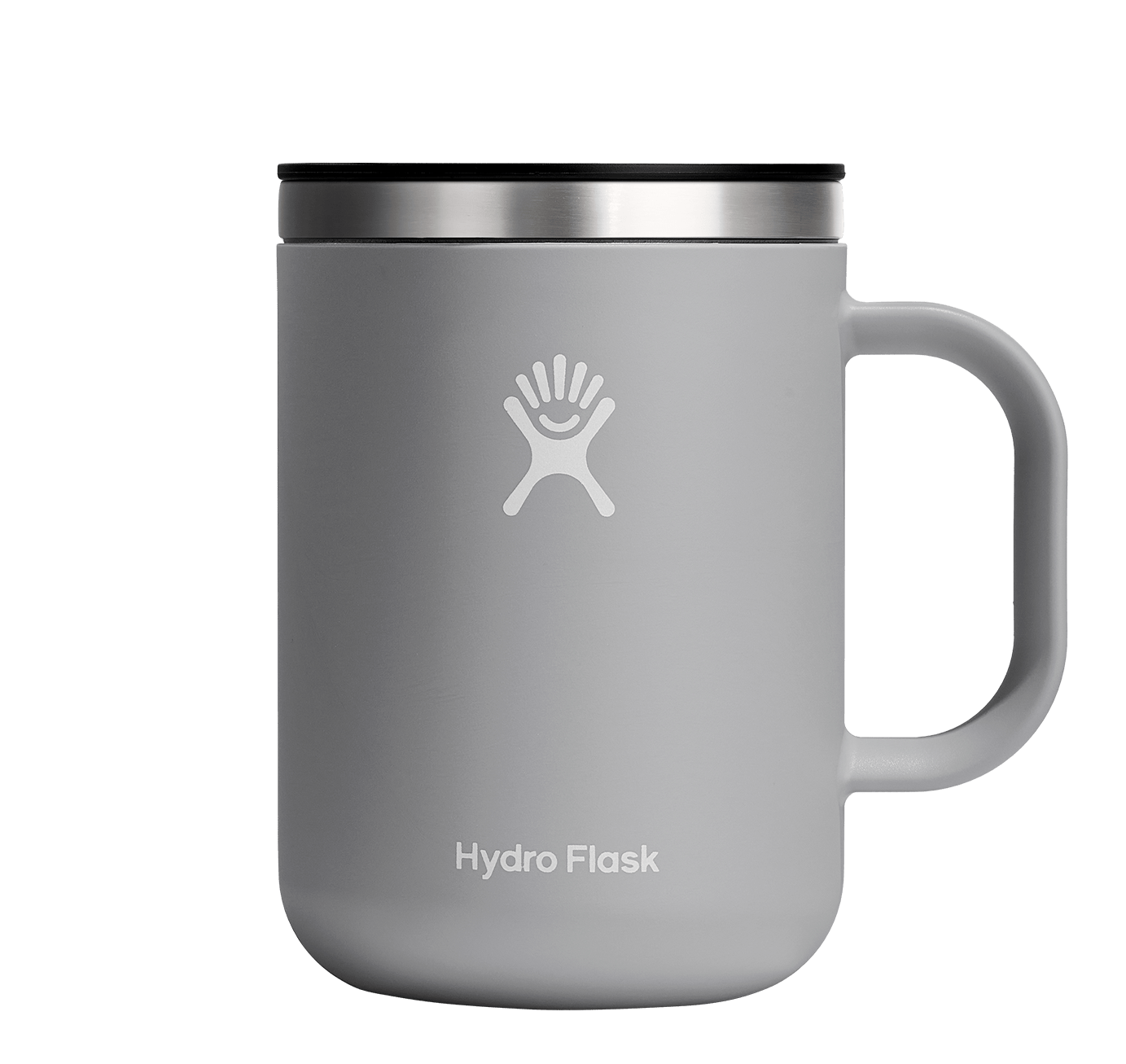 Hydro Flask Insulated Mug in gray with stainless steel lid, perfect for keeping coffee hot and comfortable to hold.