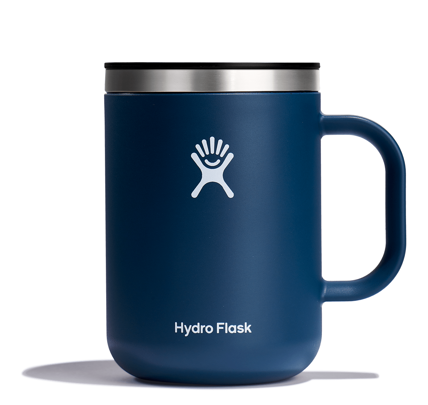 Hydro Flask Insulated Mug in deep blue, featuring a stainless steel body, comfort grip, and spill-resistant lid.