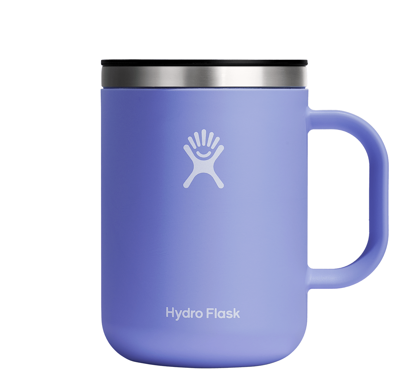 Hydro Flask insulated mug in light purple with stainless steel lid, designed to keep drinks hot and comfortable to hold.