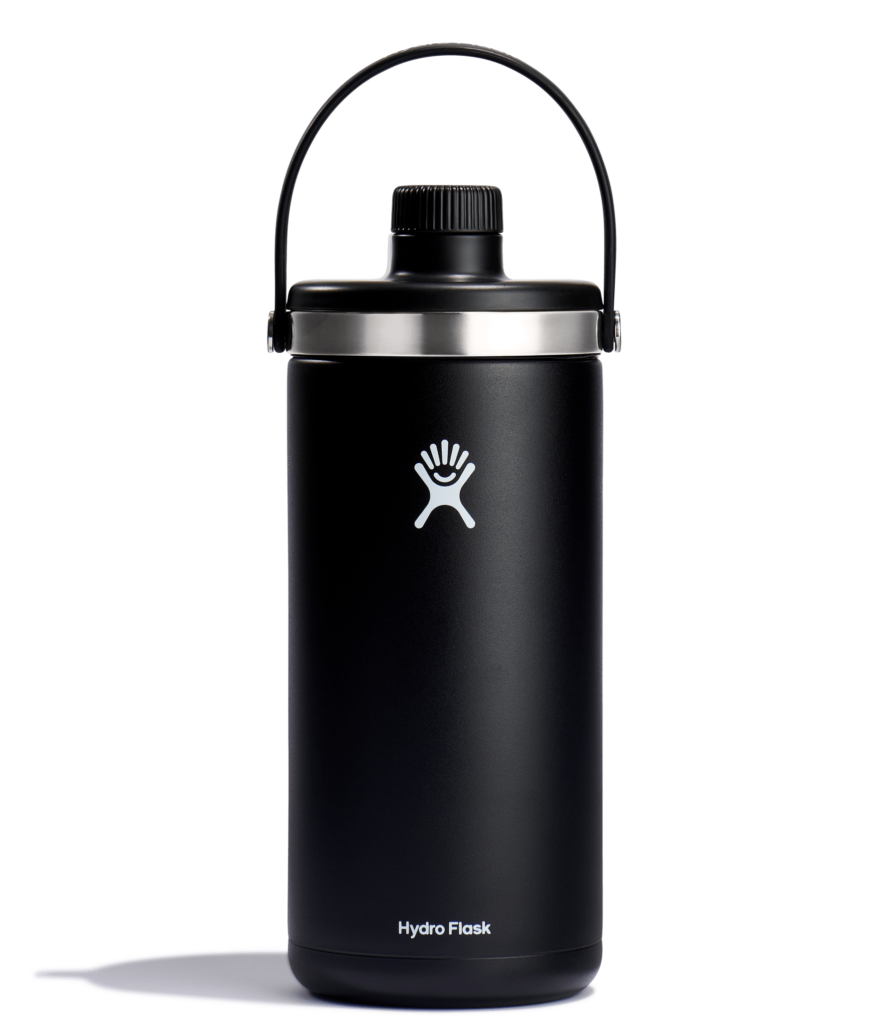 Hydro Flask Oasis Insulated Water Bottle in black, 128oz capacity, designed for outdoor activities with dual lids and easy-grip base.