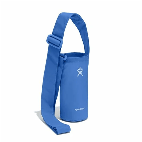 Hydro Flask Small Packable Bottle Sling in bright blue, designed for hands-free hydration during outdoor activities.