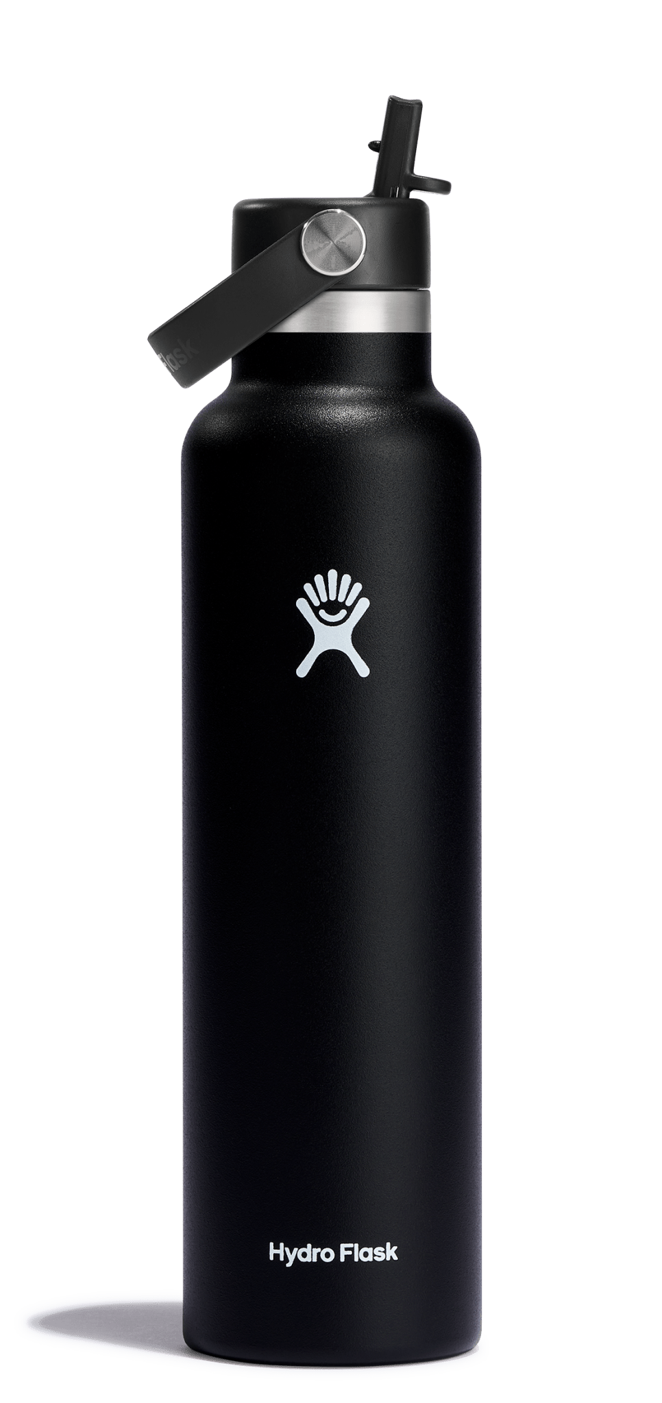 Black Hydro Flask Standard Mouth 24oz Insulated Water Bottle with Flex Straw, designed for outdoor adventures and cup holder compatible.