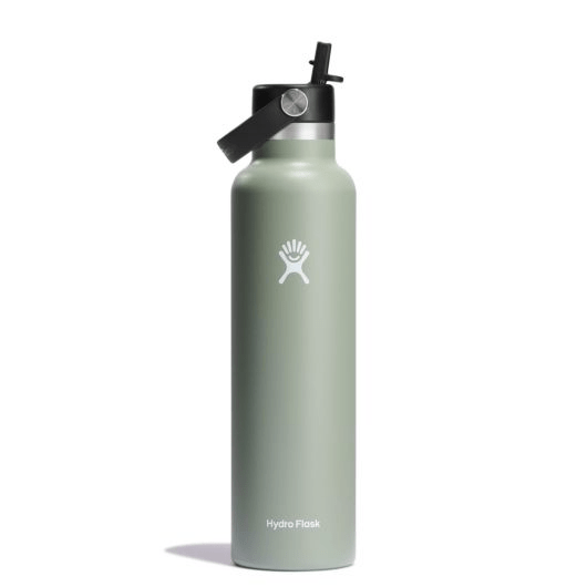 Hydro Flask Standard Mouth 24oz Insulated Water Bottle with Flex Straw in green, perfect for outdoor adventures and cup holder compatible.