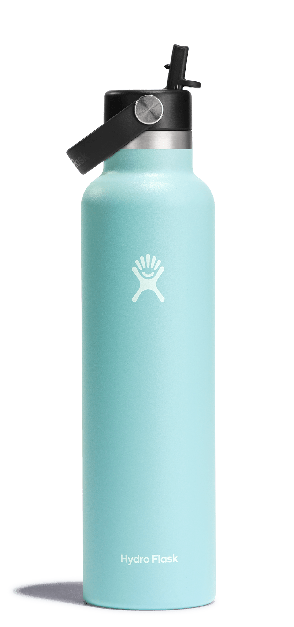Hydro Flask 24oz insulated water bottle in blue with flex straw, designed for outdoor use and cup holder compatible.