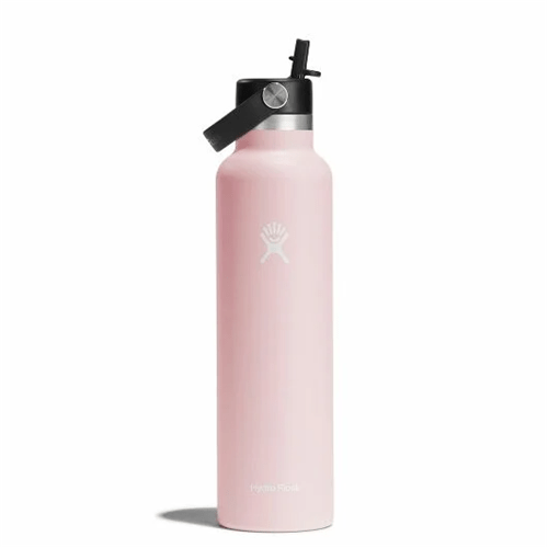 Hydro Flask 24 oz Standard Mouth water bottle in pink with Flex Straw Cap for easy sipping and leakproof design.