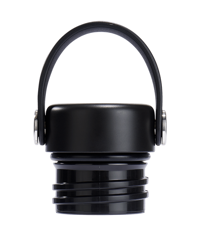 Hydro Flask Standard Mouth Flex Cap in black with a flexible strap and stainless steel pivots for easy transport.