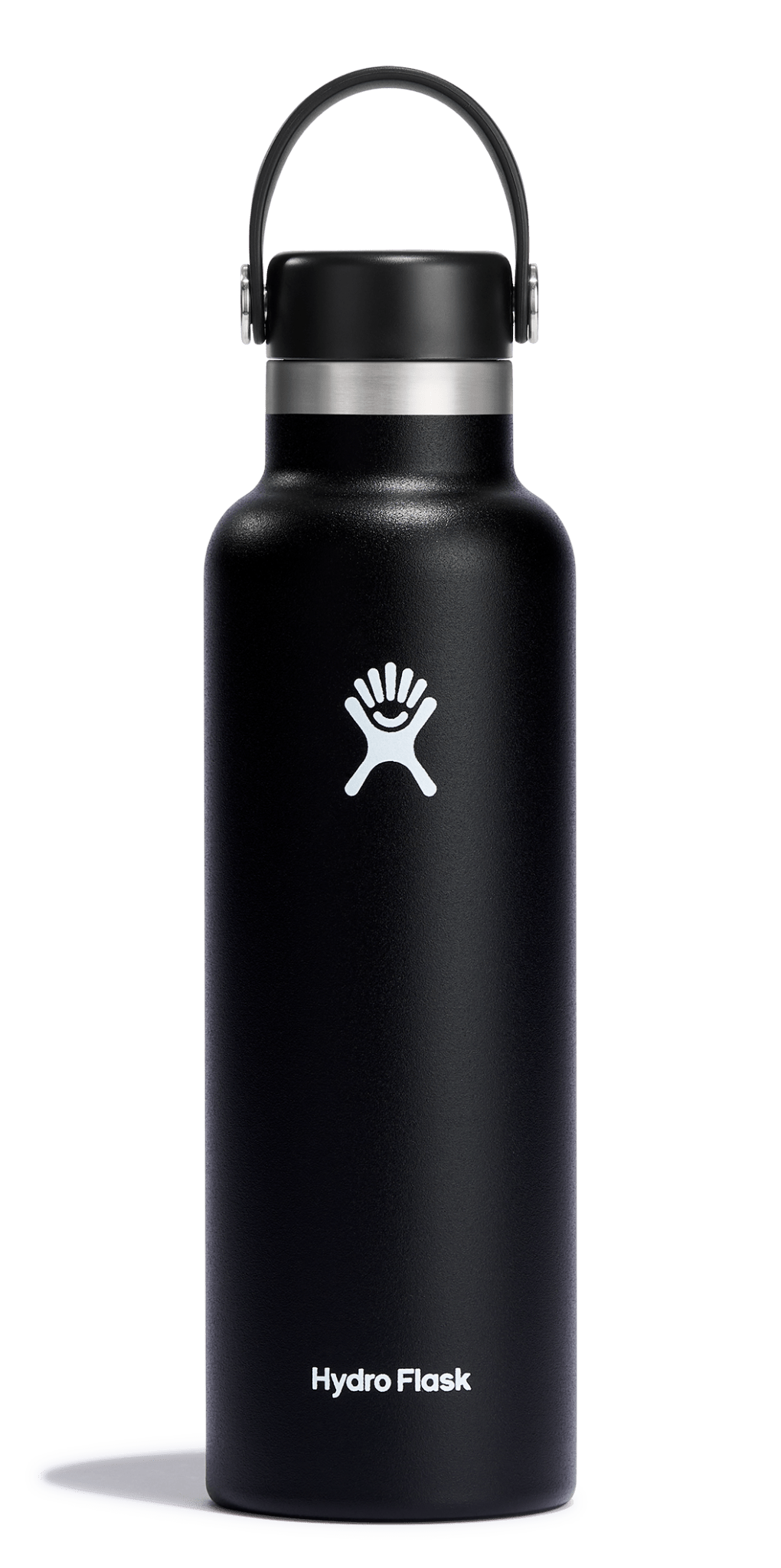 Hydro Flask Standard Mouth Insulated Water Bottle with Flex Cap in black, 18oz, stainless steel, cup holder compatible.