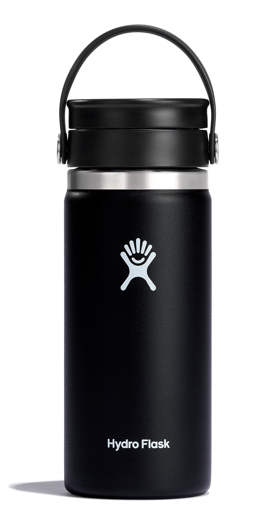 Hydro Flask wide mouth insulated bottle in black with Flex Sip lid, designed for hot and cold beverages, leakproof and cup holder compatible.
