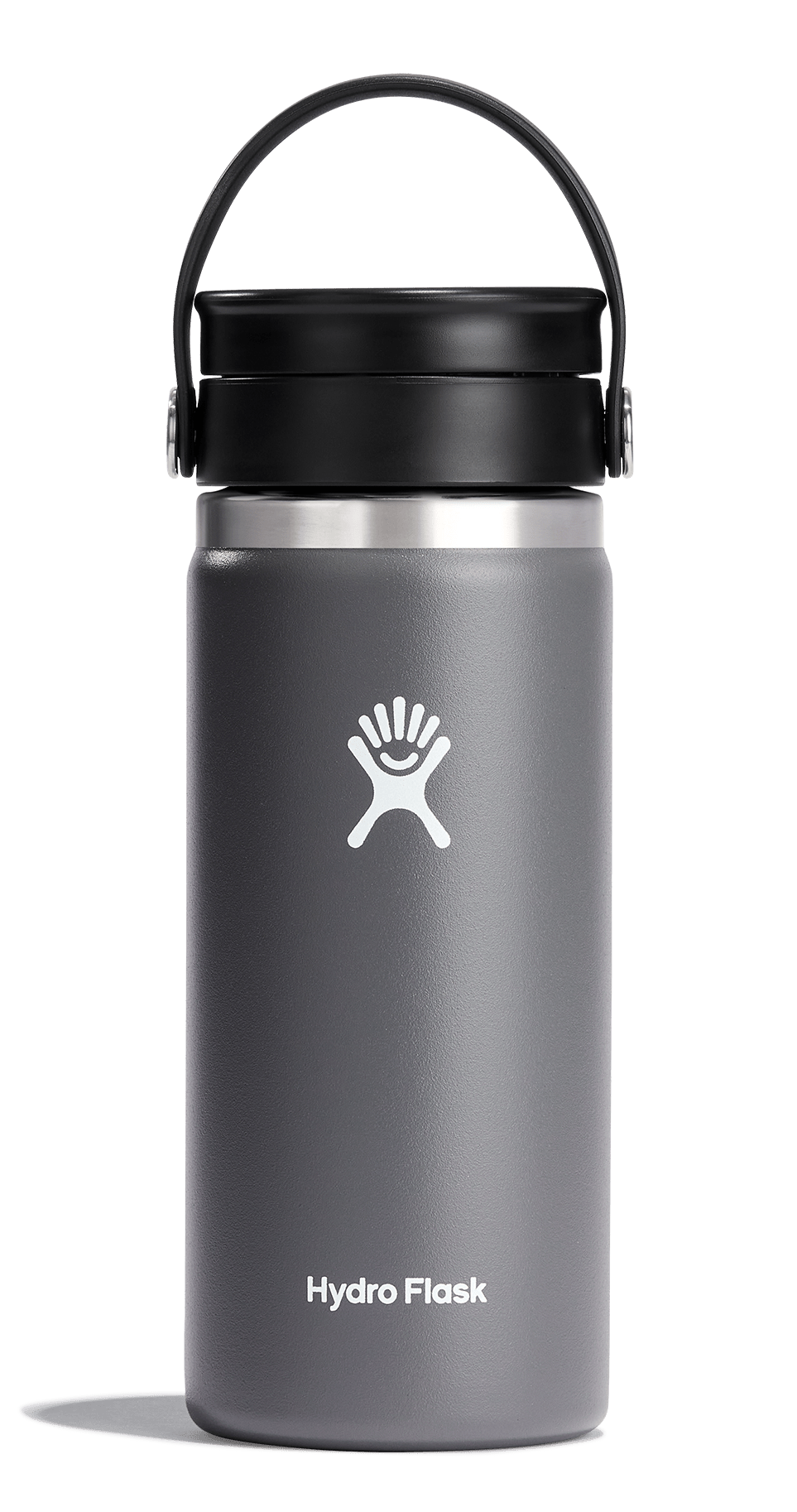Hydro Flask wide mouth insulated bottle with Flex Sip lid in gray, designed for hot and cold beverages, leakproof and cup holder compatible.