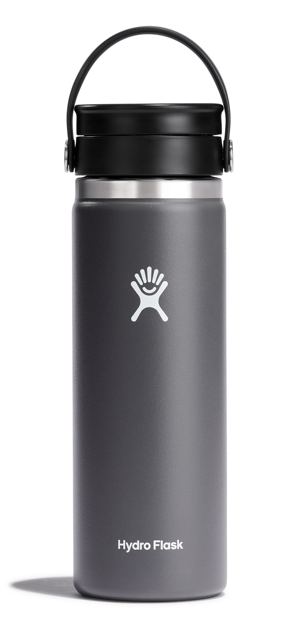 Hydro Flask Wide Mouth Insulated Bottle with Flex Sip Lid in gray, designed for hot and cold beverages, leakproof and cup holder compatible.