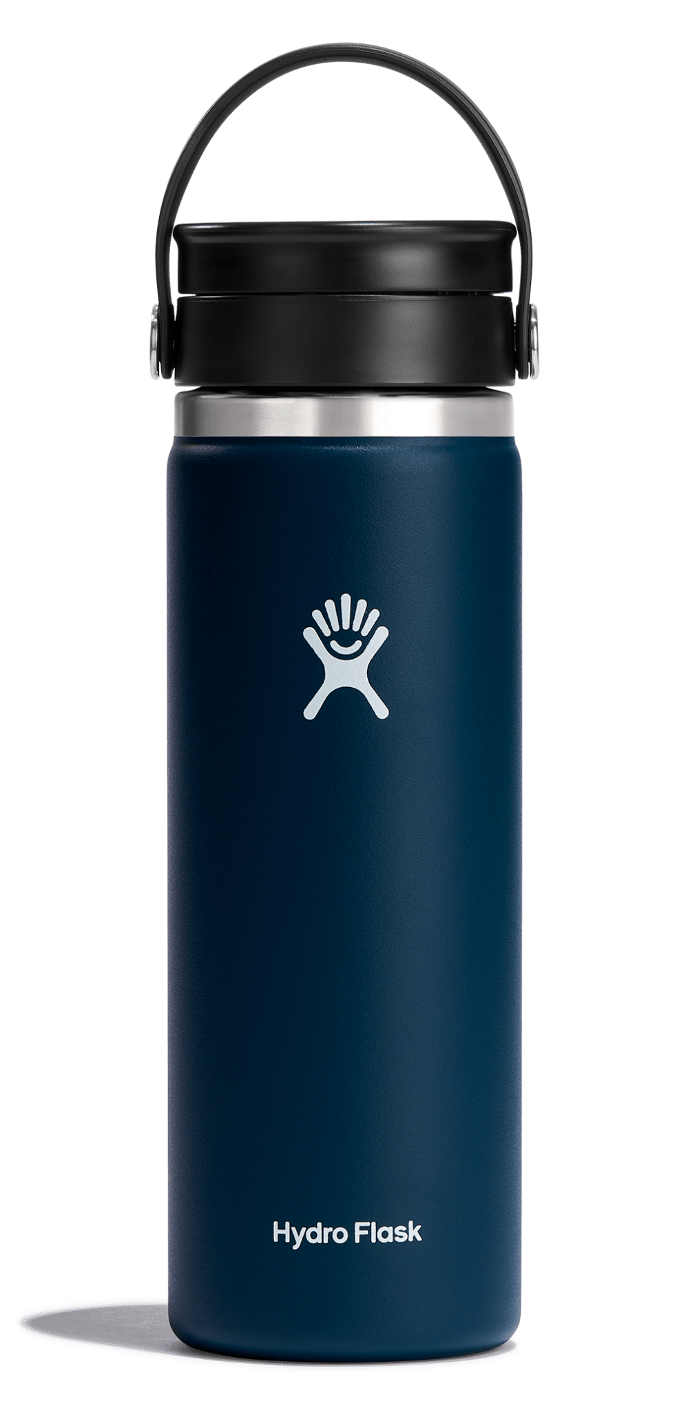 Hydro Flask Wide Mouth Insulated Bottle with Flex Sip Lid in navy, designed to keep drinks hot or cold, cup holder compatible.