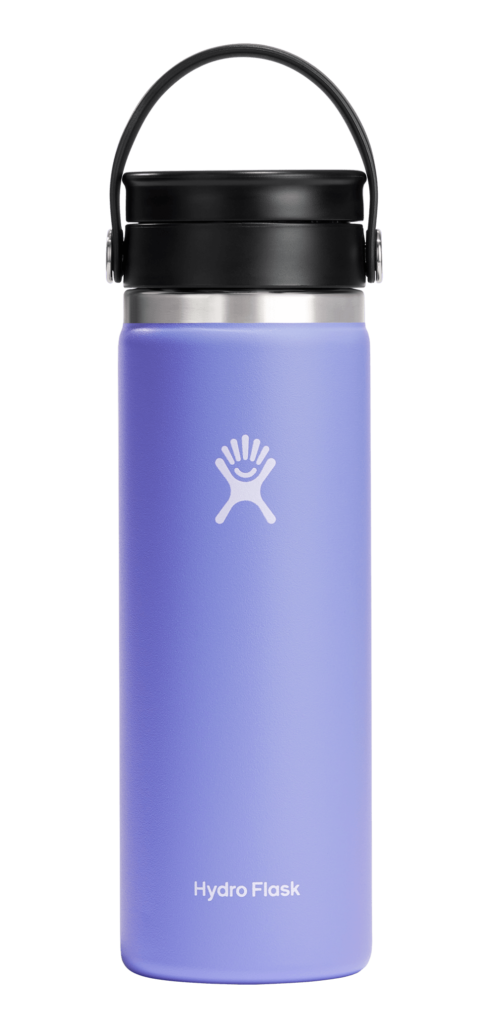 Hydro Flask Wide Mouth Insulated Bottle in lavender color with Flex Sip lid, designed for hot and cold beverages.