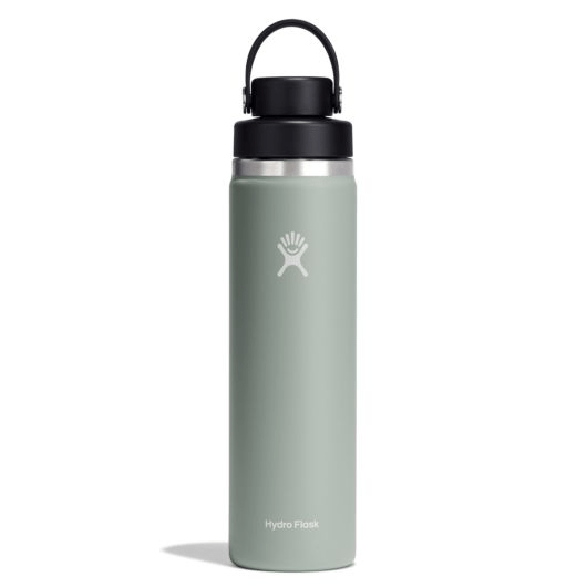 Hydro Flask Wide Mouth Insulated Water Bottle in soft green color with black chug cap and carrying handle.