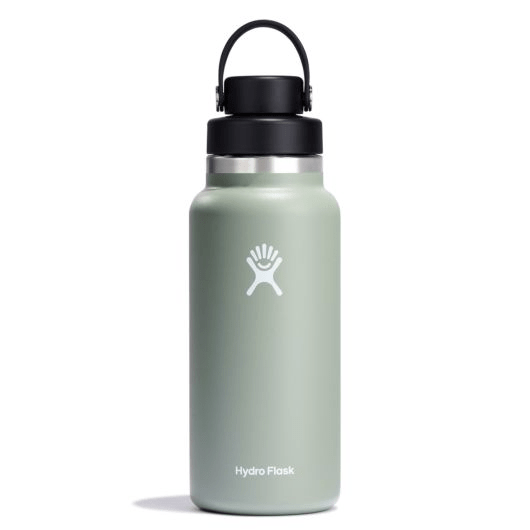 Hydro Flask 32oz wide mouth insulated water bottle in green with leakproof chug cap for on-the-go hydration.