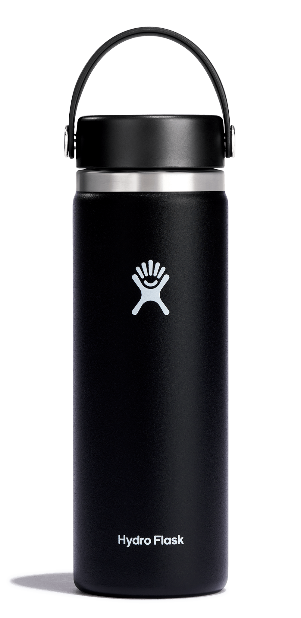 Hydro Flask wide mouth insulated water bottle in black with flex cap, ideal for keeping drinks hot or cold for hours.