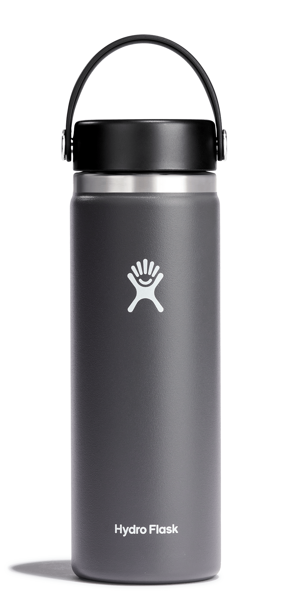 Hydro Flask Wide Mouth Insulated Water Bottle with Flex Cap in gray, designed to keep drinks cold for 24 hours and hot for 12 hours.