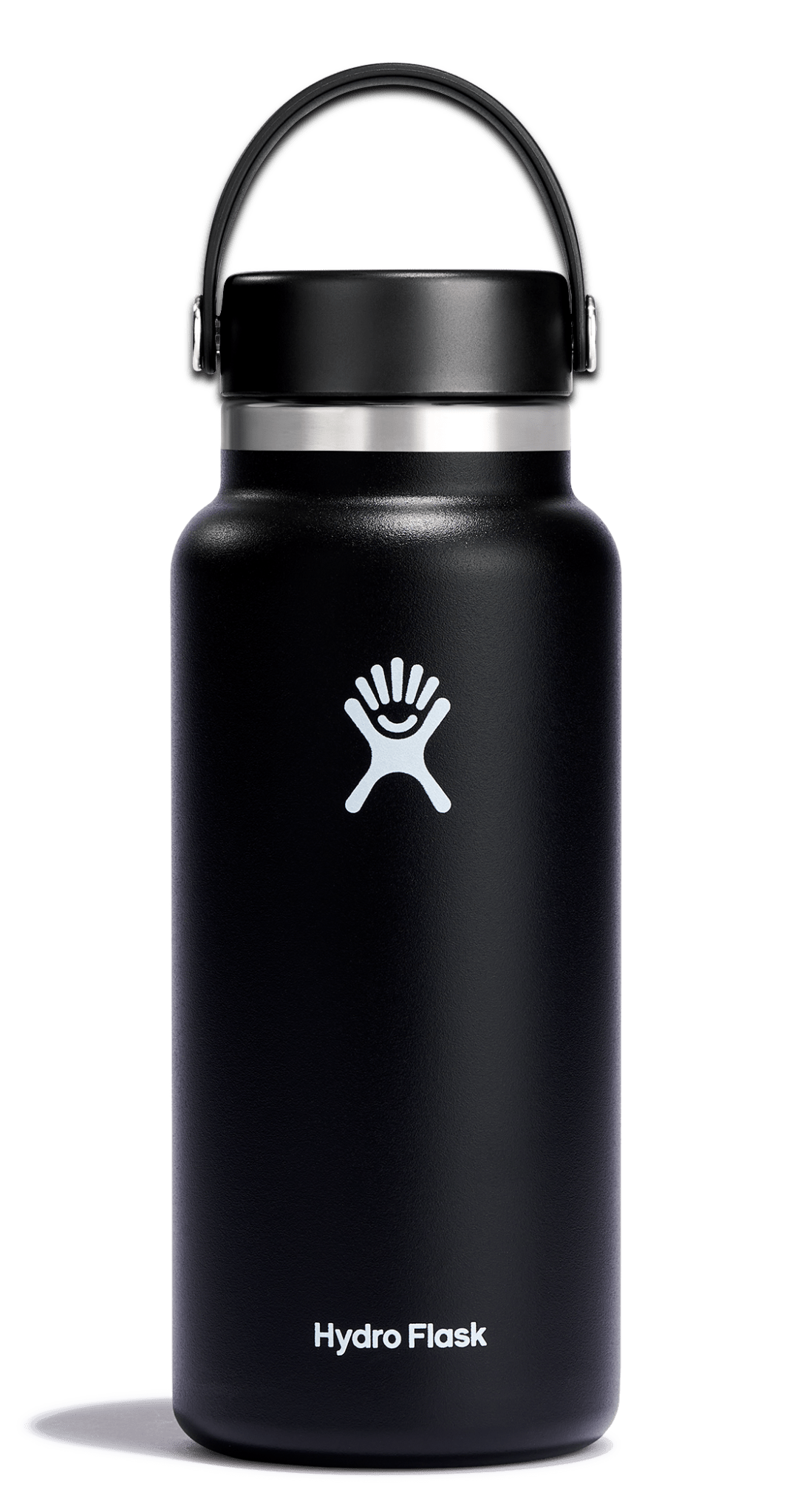 Hydro Flask wide mouth insulated water bottle in black with flex cap, designed to keep drinks cold for 24 hours.