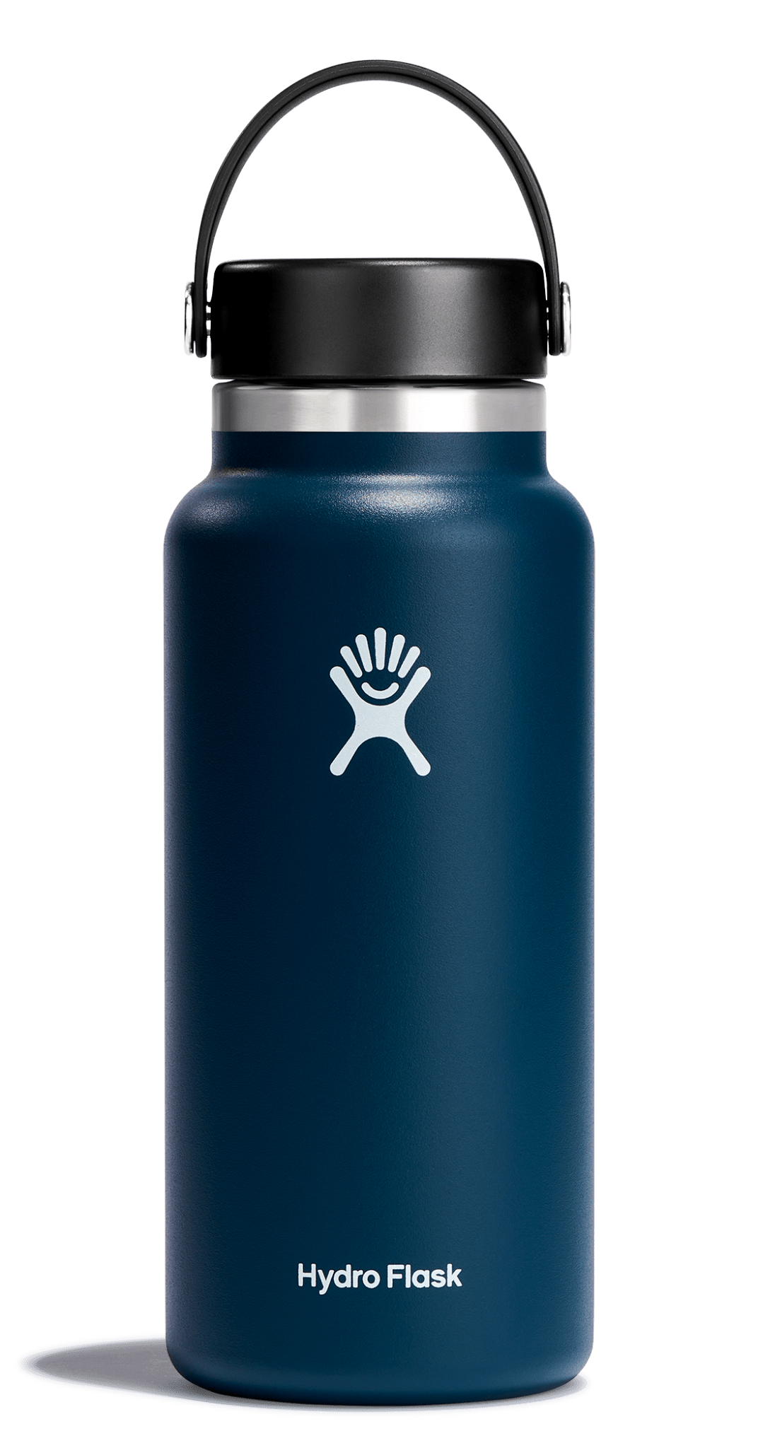 Hydro Flask Wide Mouth Insulated Water Bottle in navy blue with Flex Cap, ideal for keeping drinks cold or hot.
