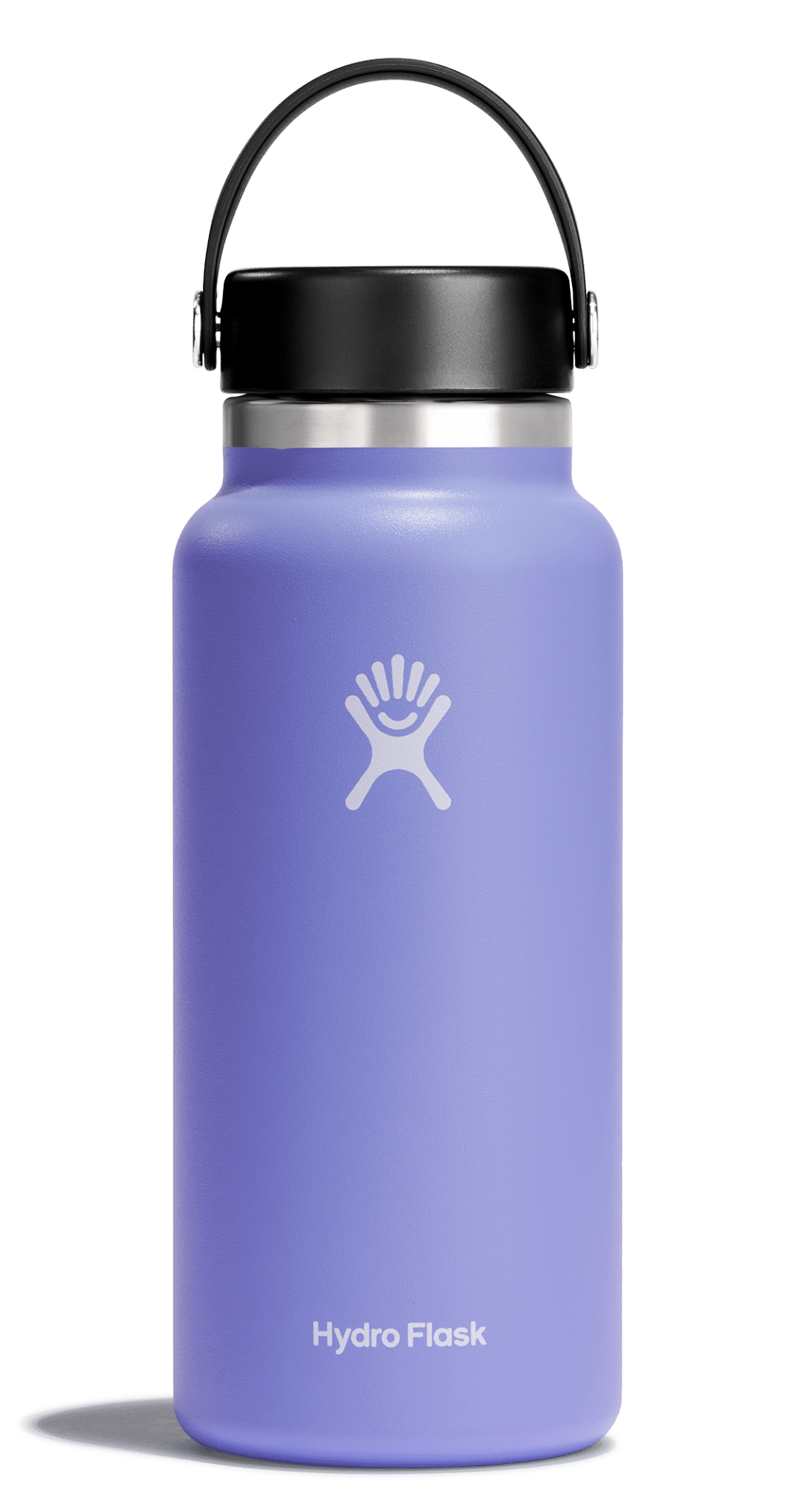 Hydro Flask wide mouth insulated water bottle in purple with Flex Cap, perfect for keeping drinks cold or hot.