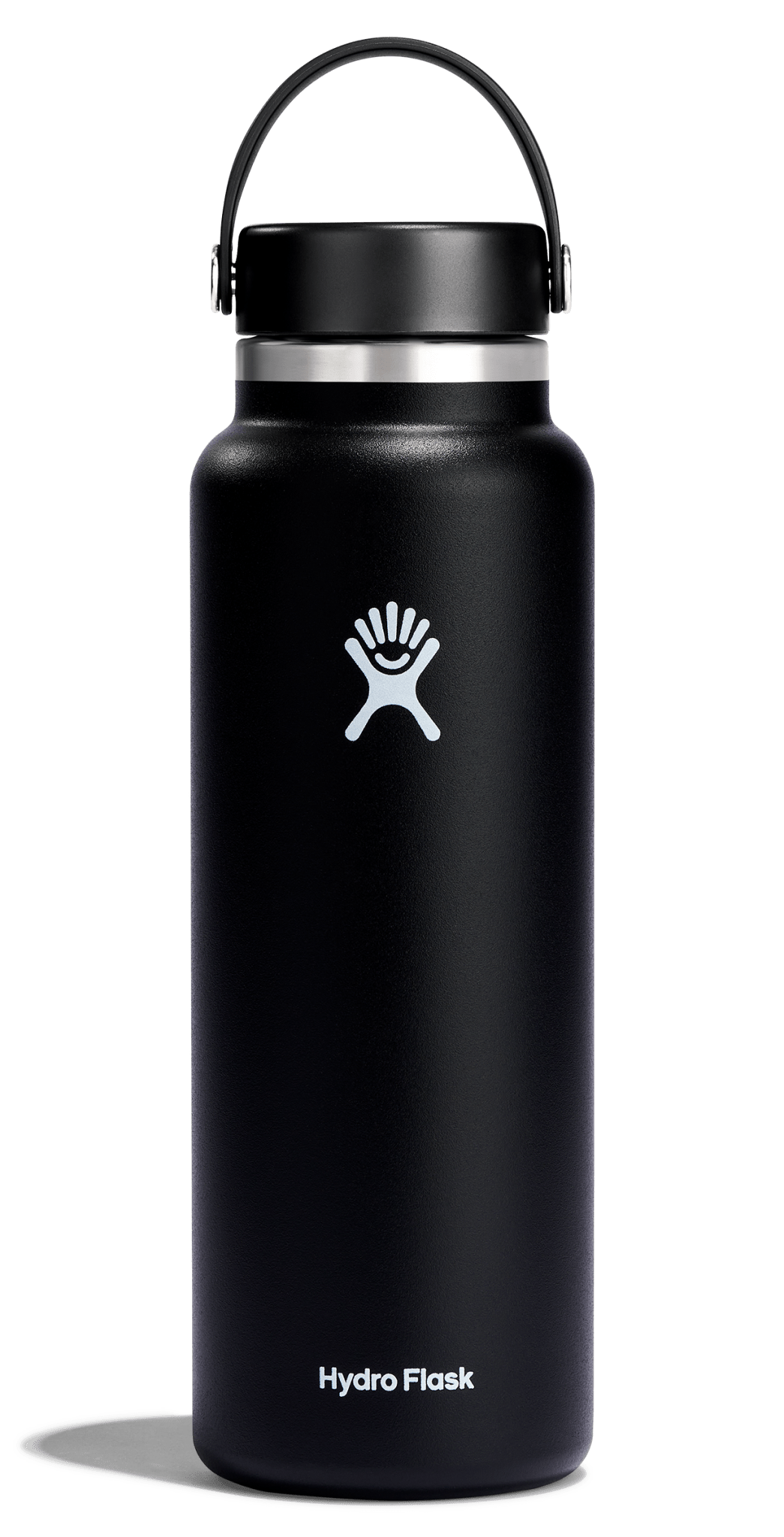 Hydro Flask Wide Mouth Insulated Water Bottle in black with Flex Cap, perfect for keeping drinks hot or cold for hours.