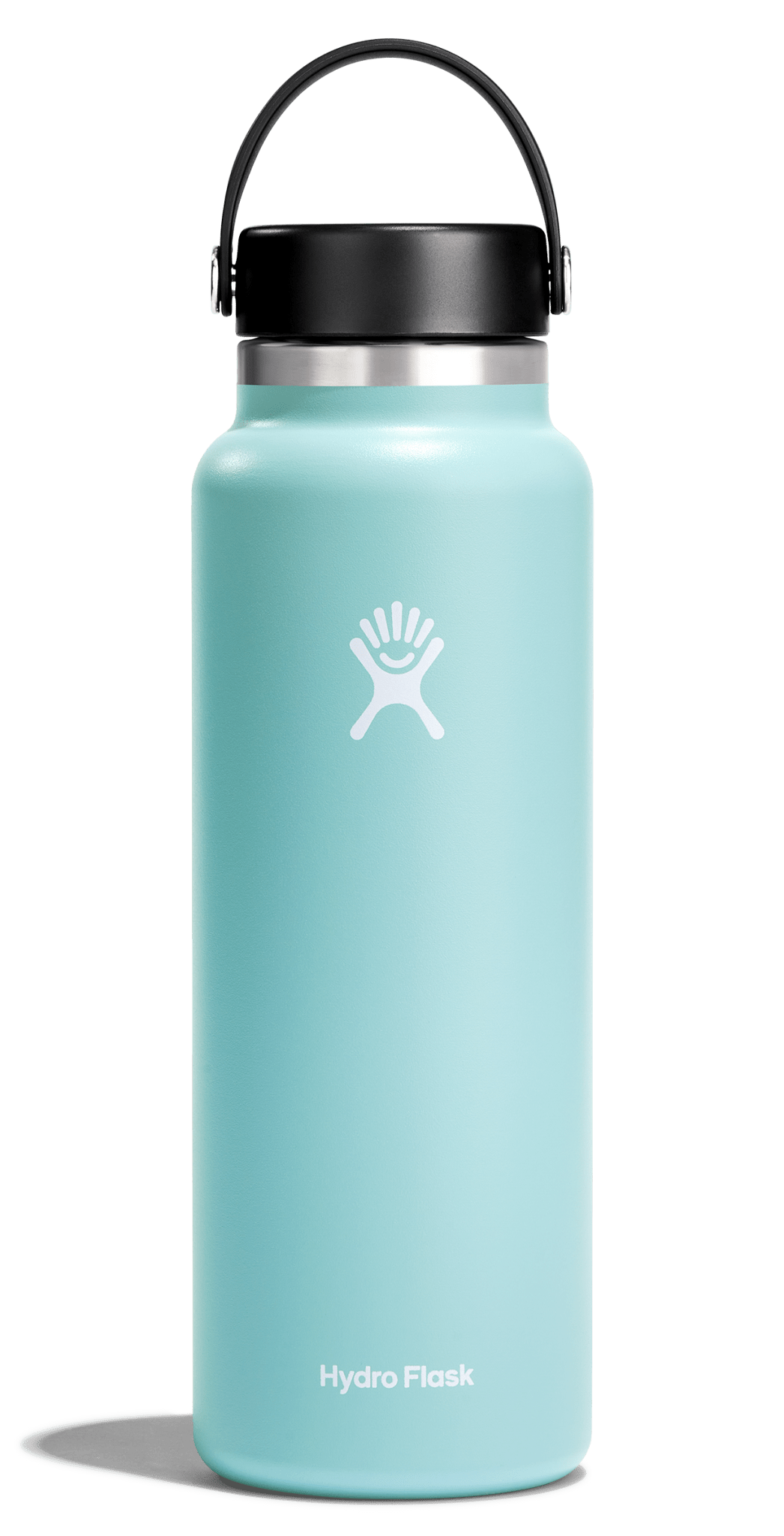 Hydro Flask Wide Mouth Insulated Water Bottle in aqua blue with Flex Cap, designed for hot and cold beverages on the go.