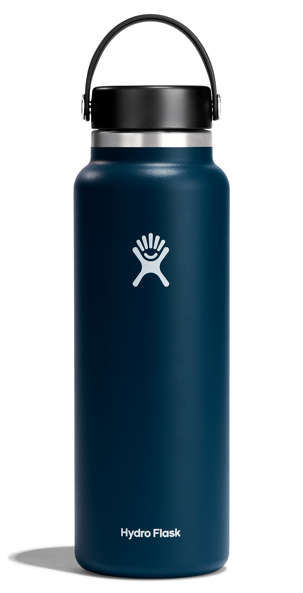 Hydro Flask wide mouth insulated water bottle in deep blue with Flex Cap, perfect for keeping drinks hot and cold.