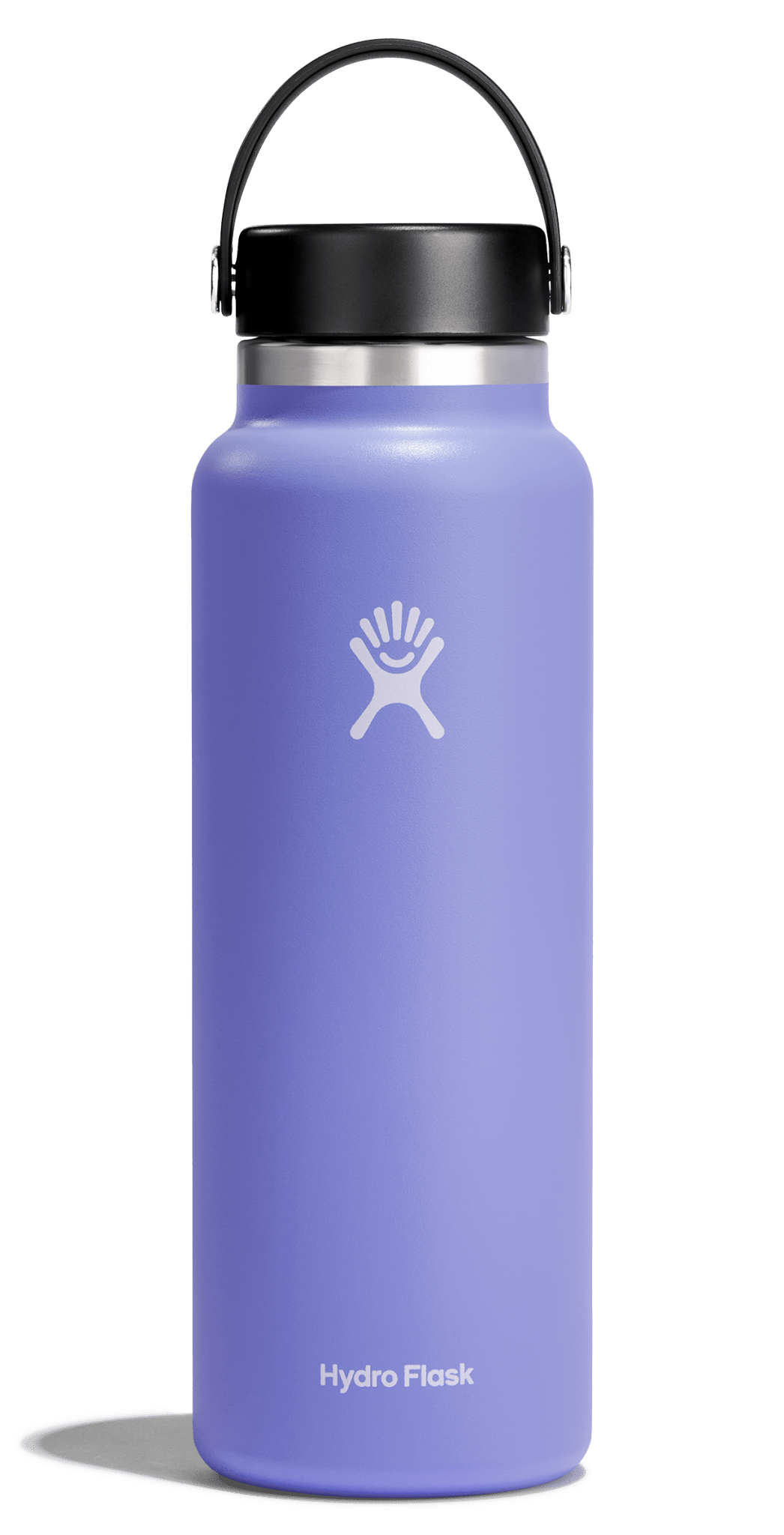 Hydro Flask Wide Mouth Insulated Water Bottle in lavender, designed for hot and cold drinks, featuring a Flex Cap and stainless steel.
