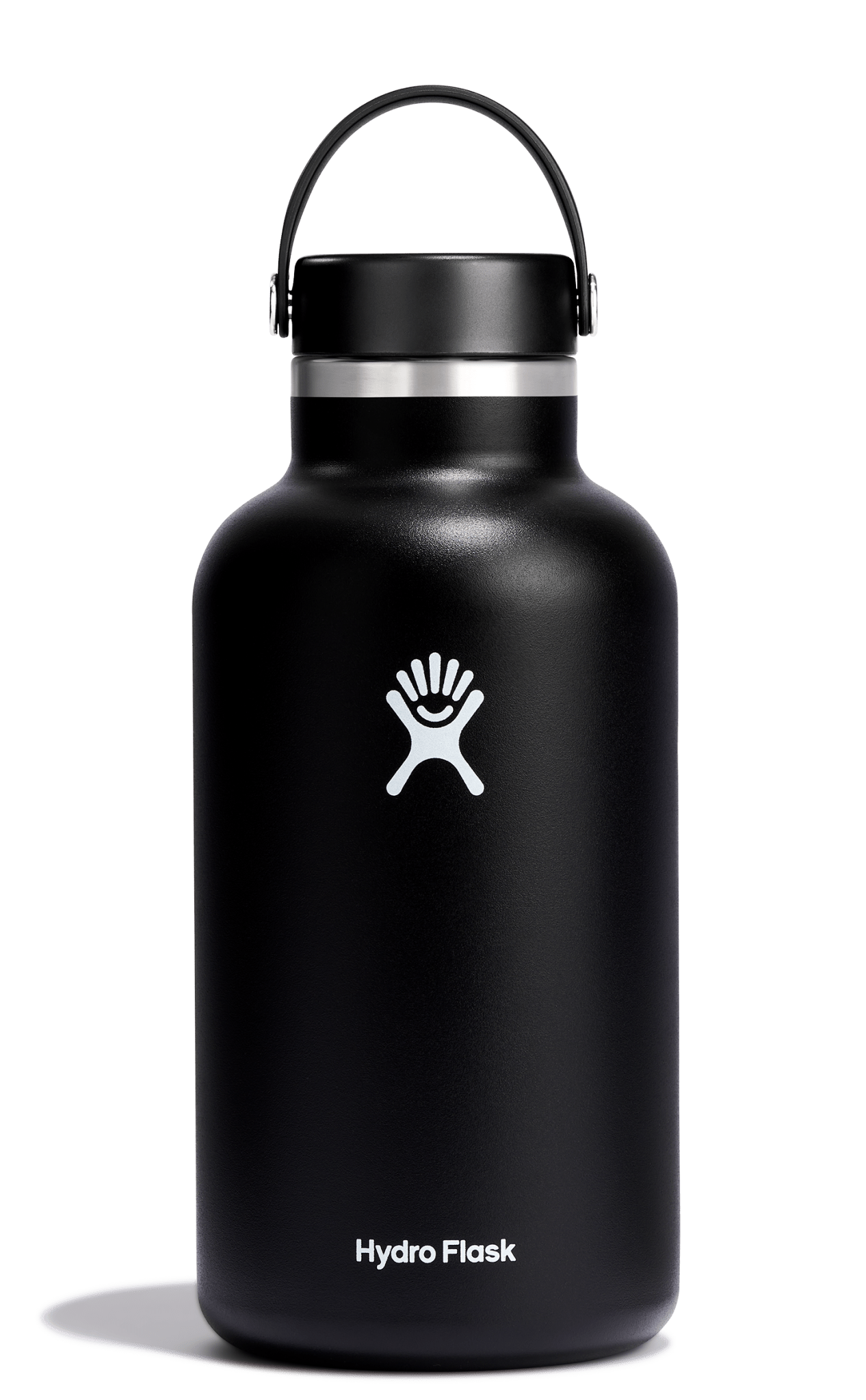 Black Hydro Flask Wide Mouth Insulated Water Bottle with Flex Cap, designed for durability and temperature retention.