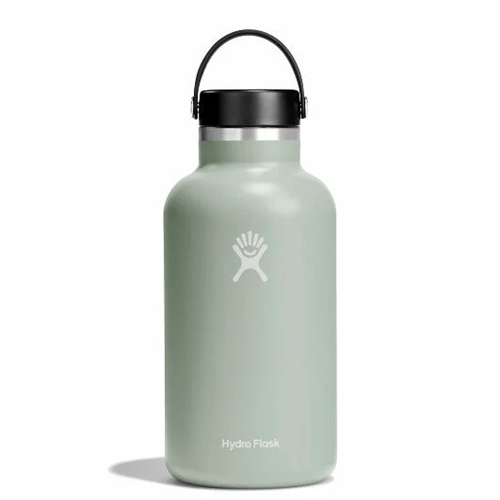 Hydro Flask Wide Mouth Insulated Water Bottle in mint green with flex cap for keeping drinks cold or hot on-the-go.