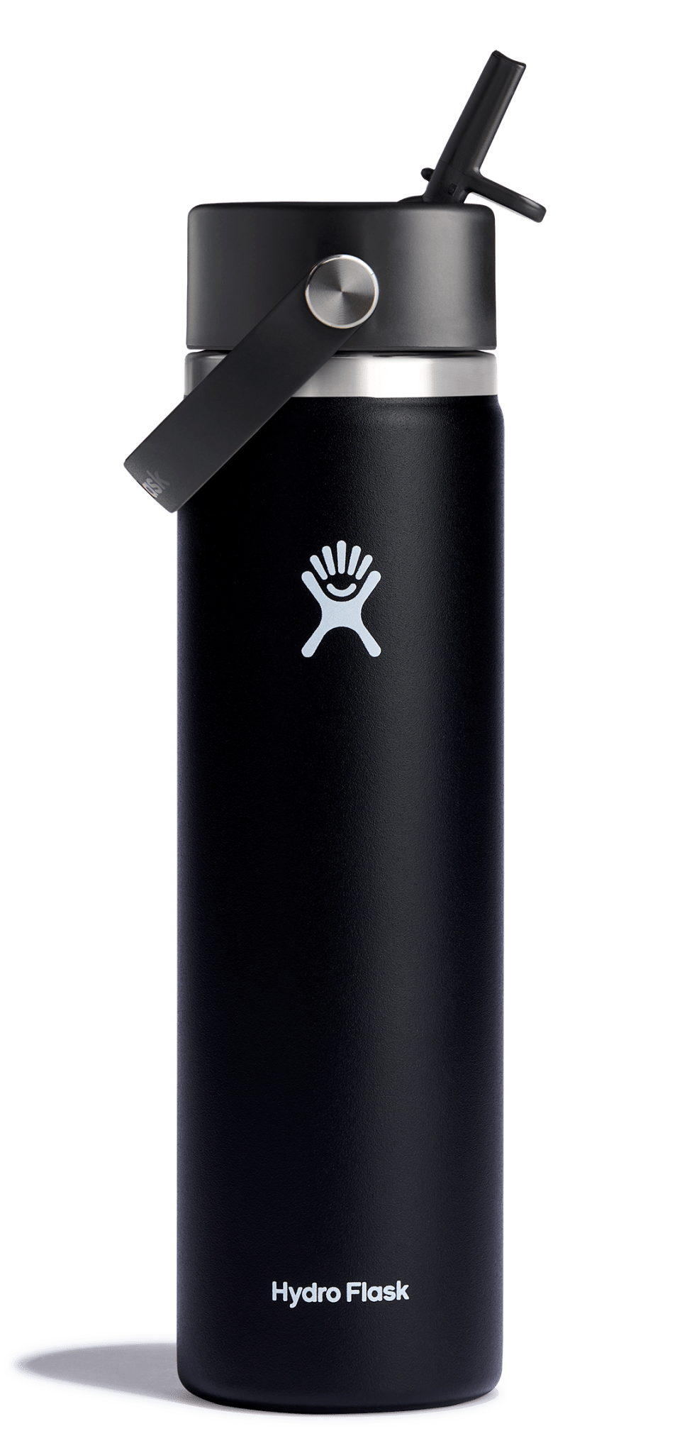 Hydro Flask Wide Mouth Insulated Water Bottle with leakproof flex straw cap, ideal for cold and hot beverages on the go.