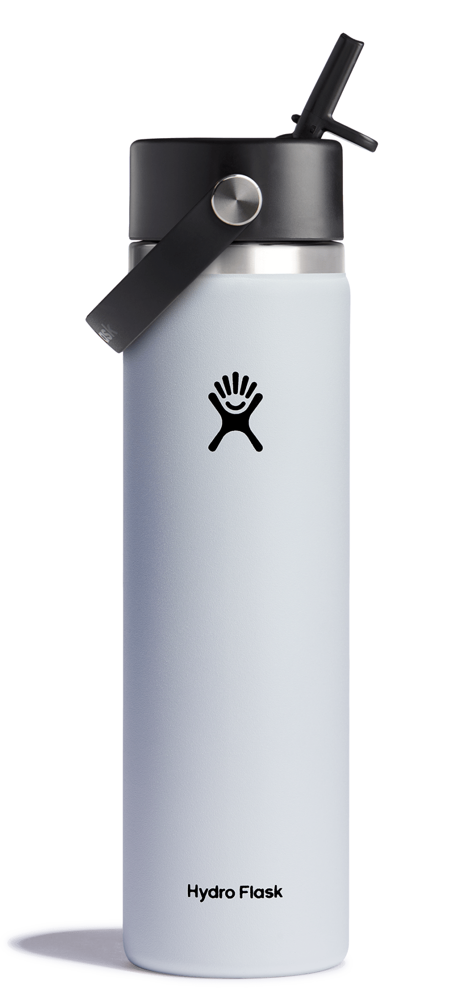 Hydro Flask Wide Mouth Insulated Water Bottle with Flex Straw Cap in light color, featuring a leakproof design for easy sipping.