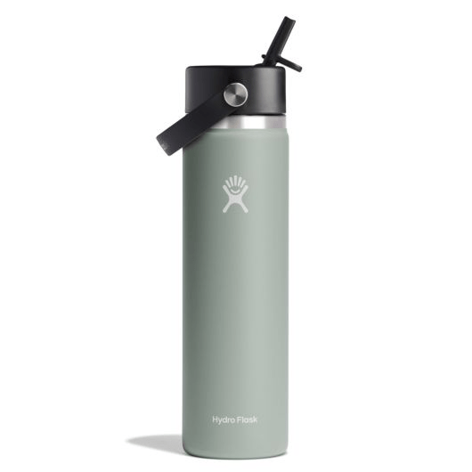 Hydro Flask wide mouth insulated water bottle with flex straw cap in mint green, perfect for keeping drinks cold or hot.
