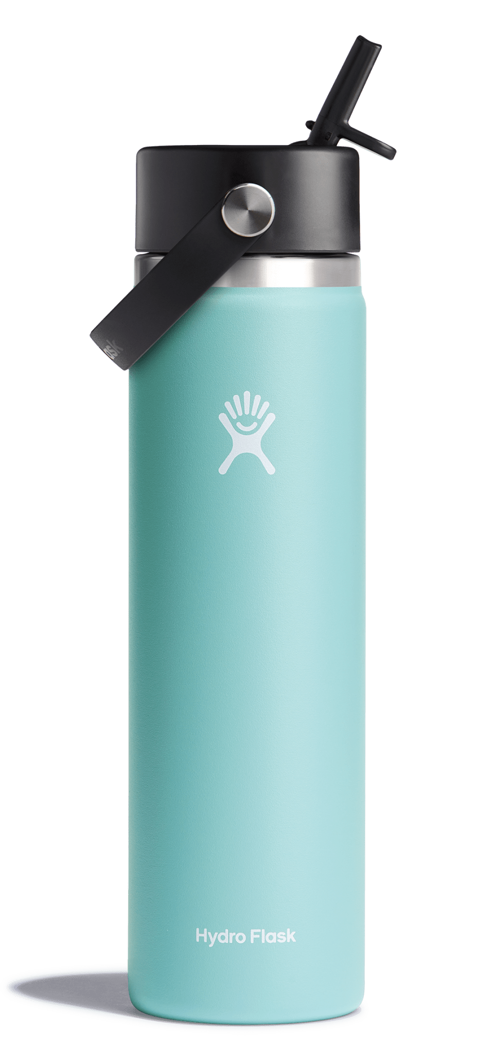 Hydro Flask Wide Mouth Insulated Water Bottle with Flex Straw Cap in teal color, perfect for keeping drinks cold or hot.