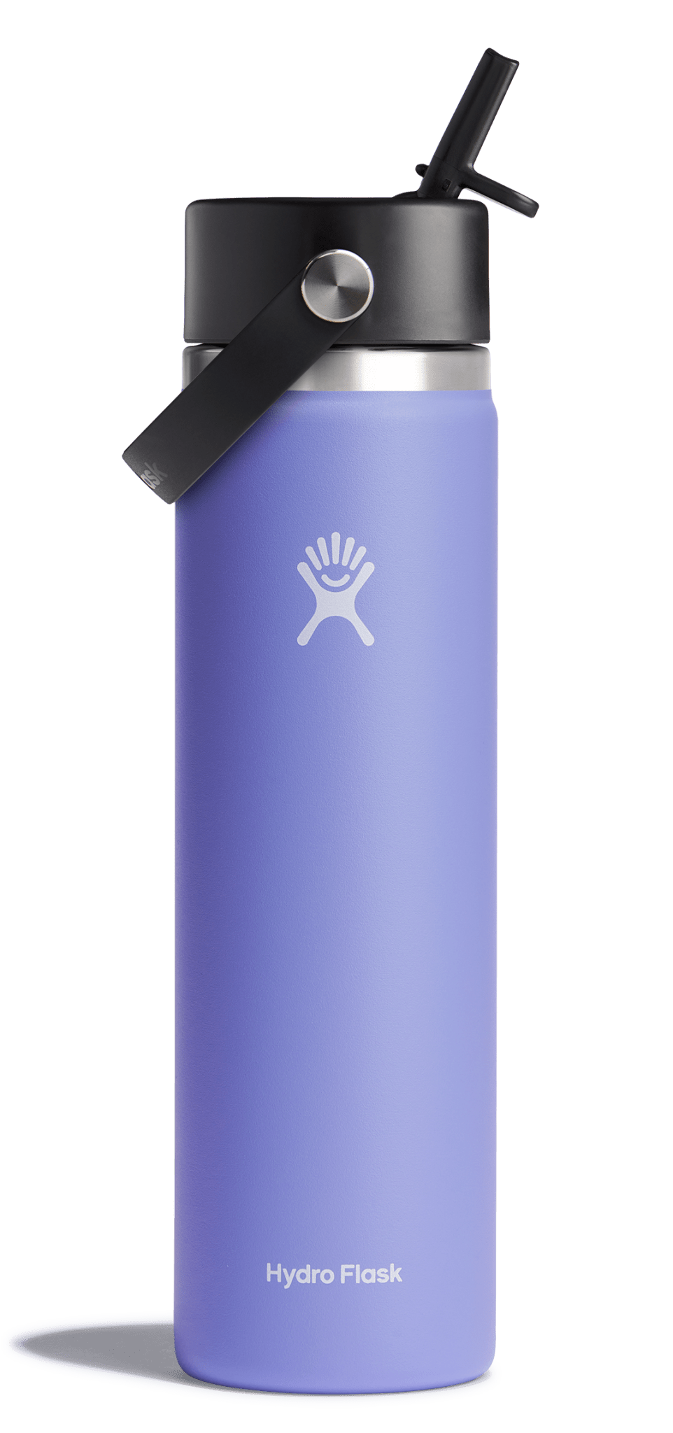 Hydro Flask wide mouth insulated water bottle in lavender with flex straw cap, perfect for keeping drinks cold or hot.