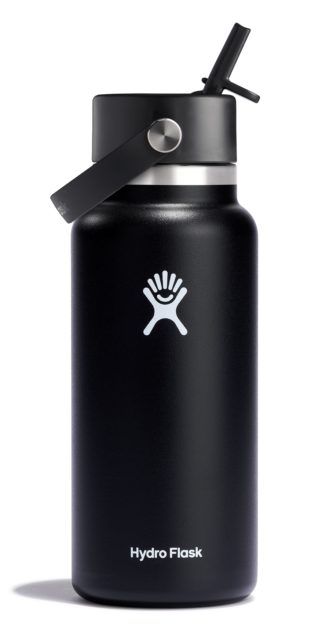 Hydro Flask Wide Mouth Insulated Water Bottle with Flex Straw Cap in black, perfect for keeping drinks cold or hot for hours.
