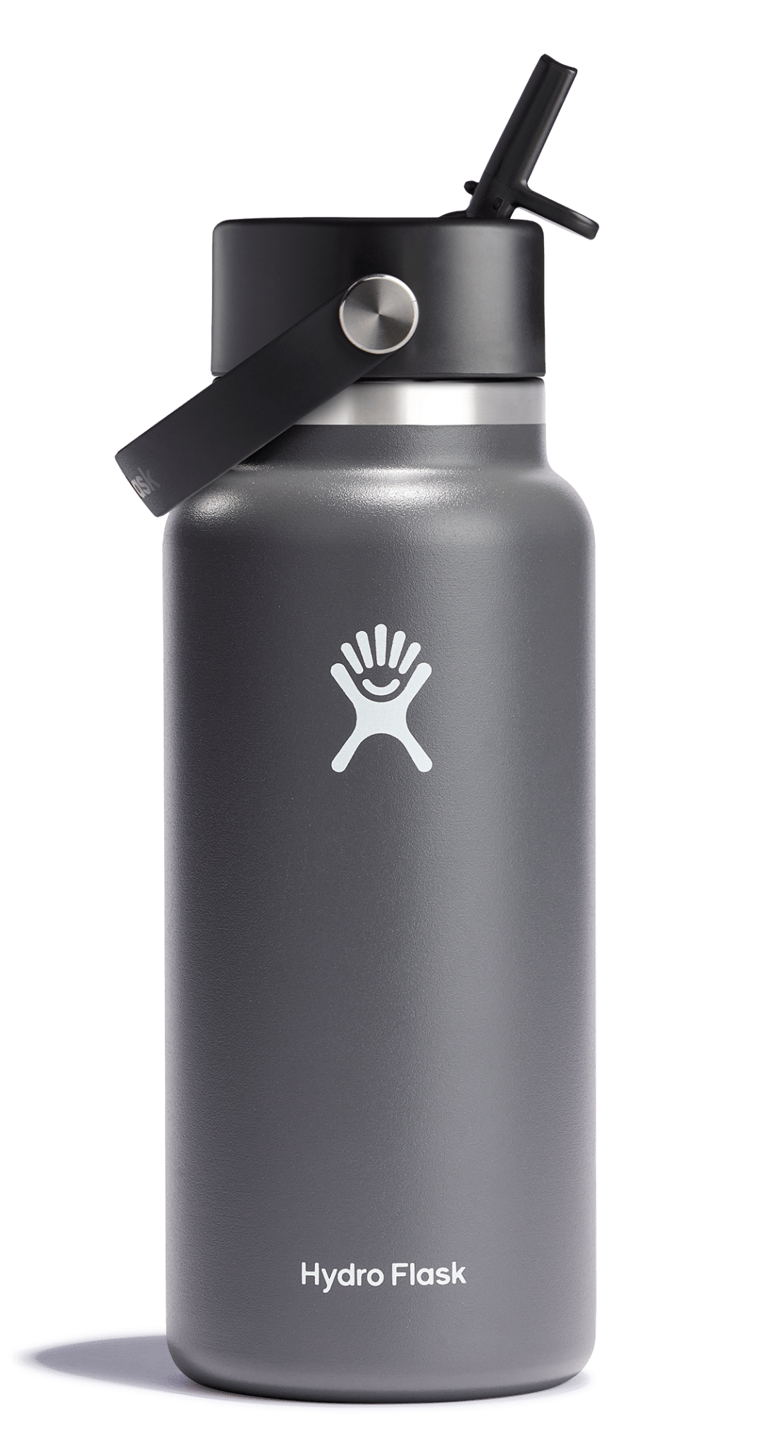 Hydro Flask Wide Mouth Insulated Water Bottle in dark gray with flex straw cap for easy hydration and temperature control.