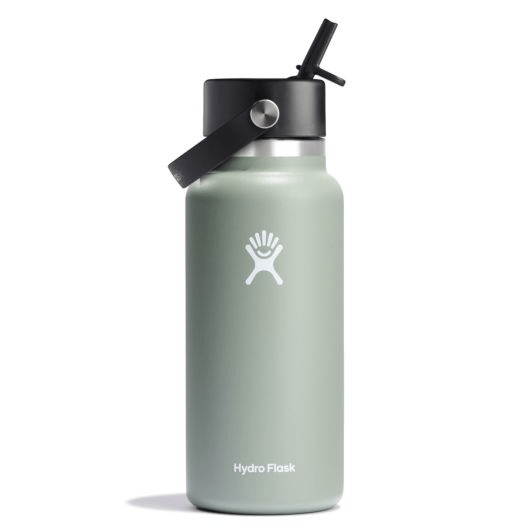 Hydro Flask Wide Mouth Insulated Water Bottle with Flex Straw Cap in green, perfect for keeping drinks cold or hot for hours.