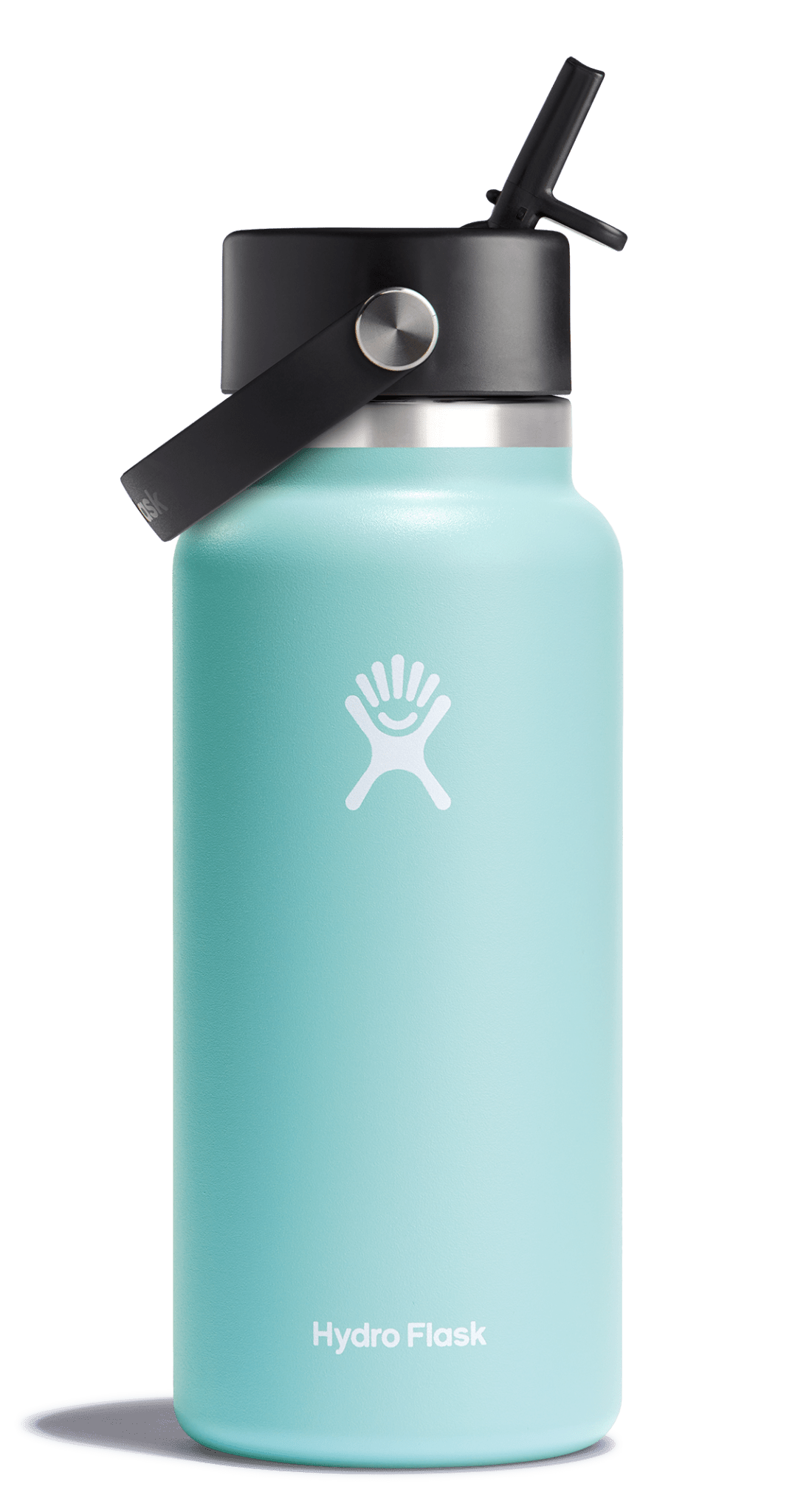 Hydro Flask Wide Mouth Insulated Water Bottle in blue with leakproof flex straw cap for easy sipping and filling.