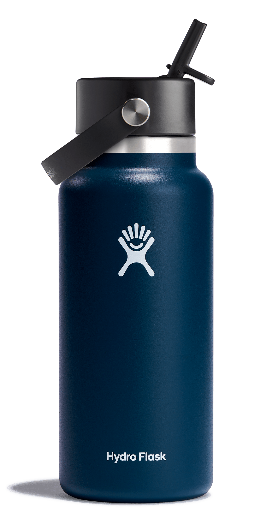Hydro Flask wide mouth insulated water bottle with flex straw cap in navy blue, perfect for cold drinks.