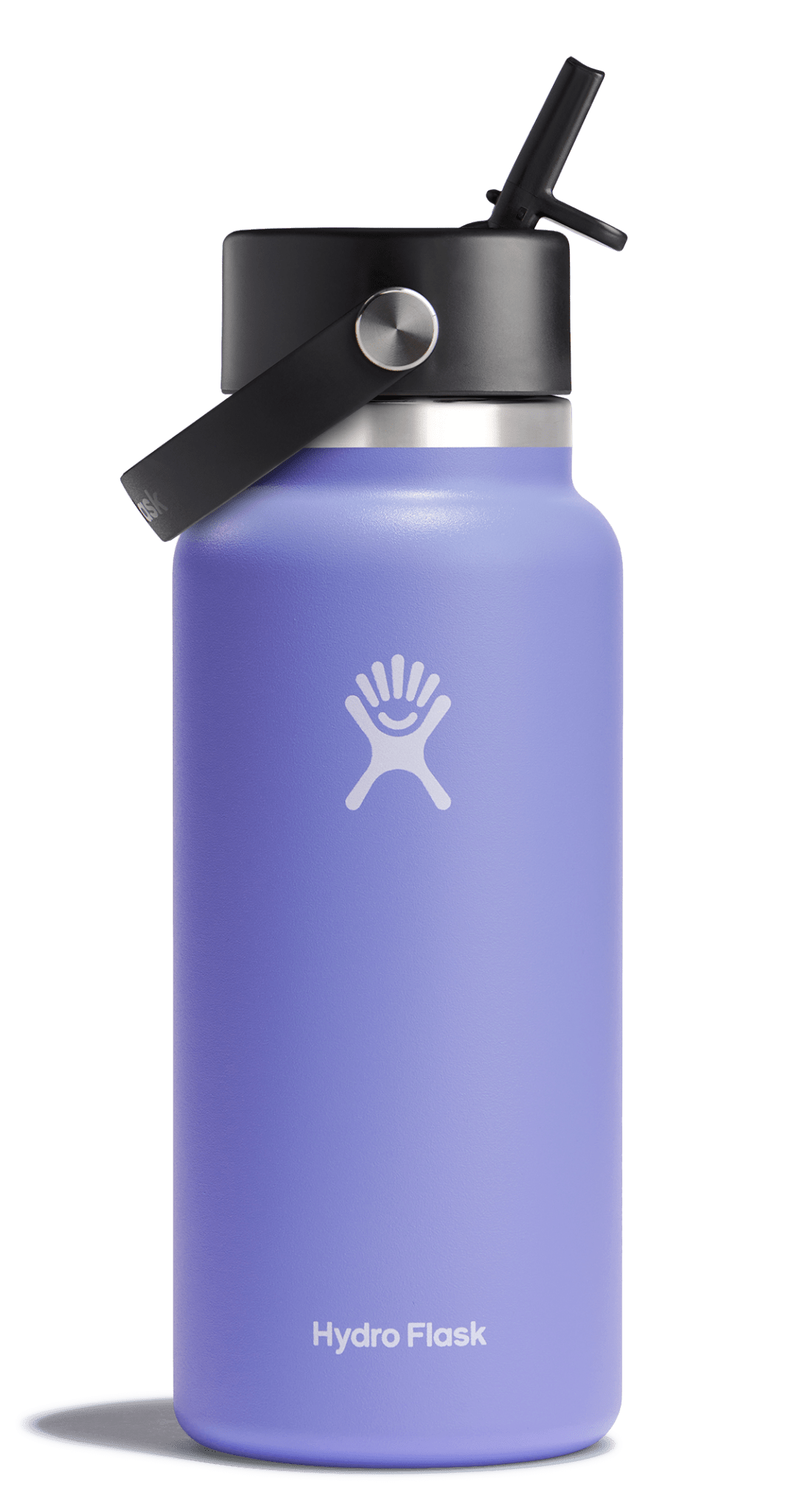 Hydro Flask wide mouth insulated water bottle in lavender with flex straw cap, designed for leakproof convenience and temperature retention.