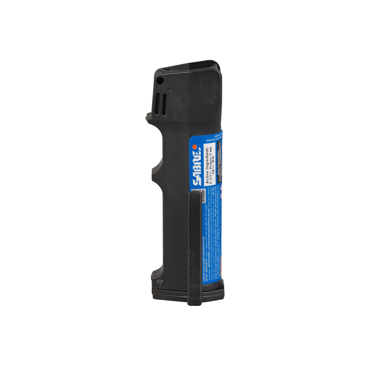 Black pepper spray canister with a blue label on a white background
