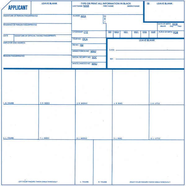 Blank fingerprint form with various fields for personal information