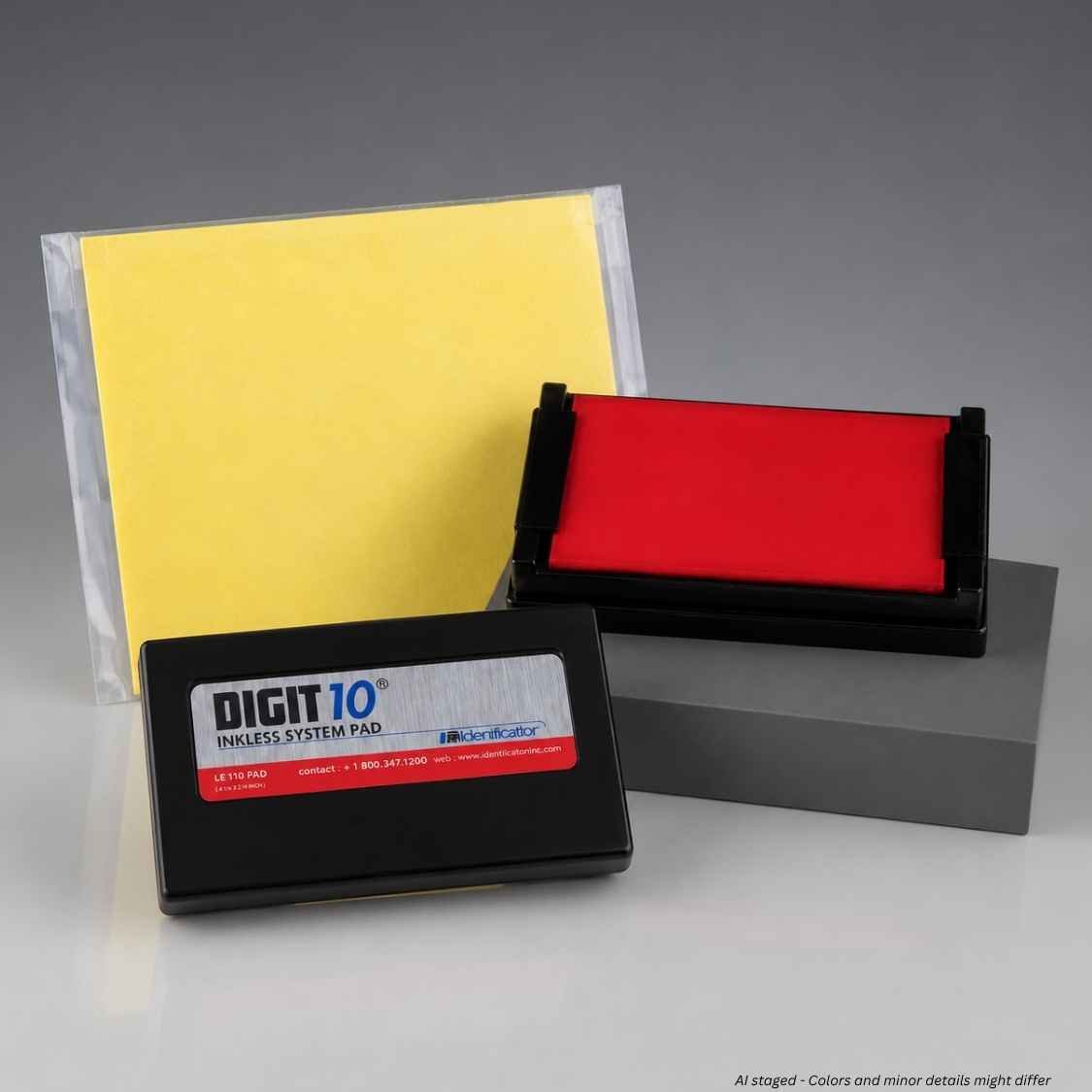 A Digit 10 inkless system pad set showing a yellow refill pad in a clear sleeve, a red ink pad in a black frame, and the black Digit 10 control card on a gray background.