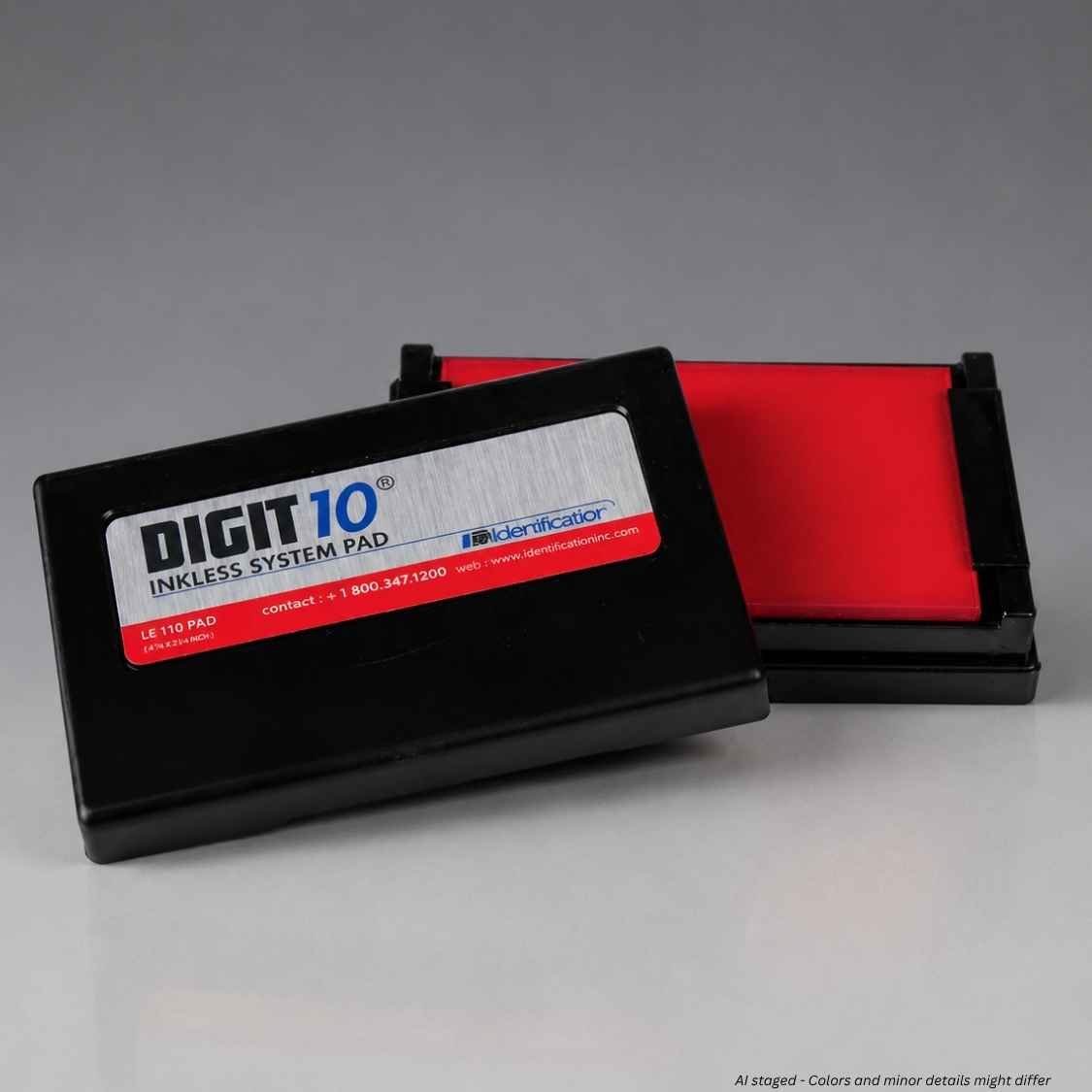 A black Digit 10 inkless system pad shown with its red ink pad visible in the open case, photographed on a neutral gray studio background.