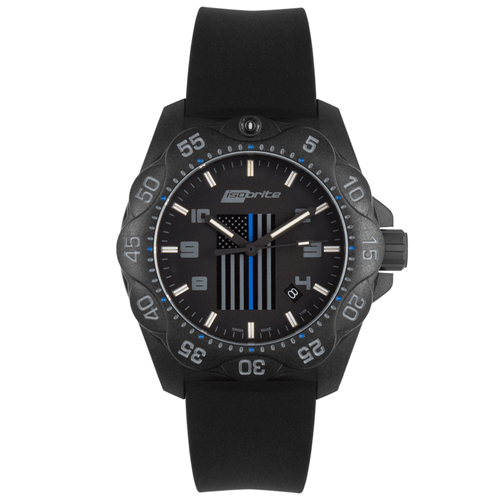 Isobrite Law Enforcement T100 Tritium Illuminated Watch with black silicone band and blue accents. Swiss made timepiece design.