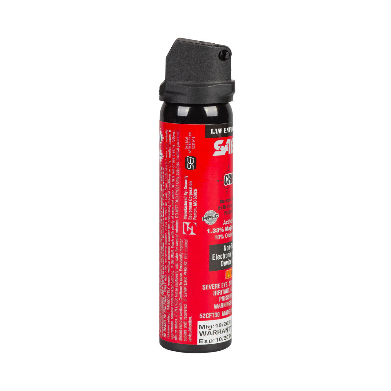 Red pepper spray canister with black cap on a white background