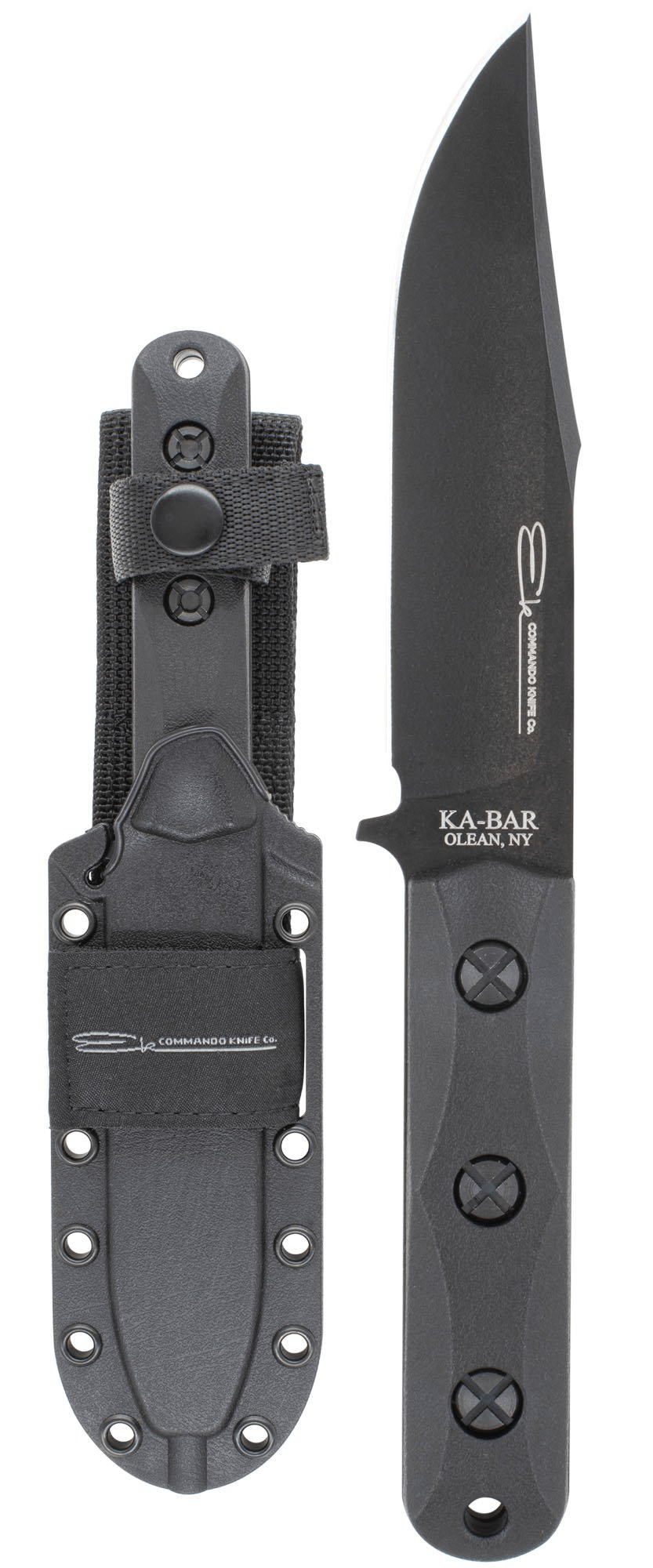 Ka-Bar EK Short Clip Point knife with MOLLE compatible Celcon sheath, featuring a 5.0625-inch clip point blade.